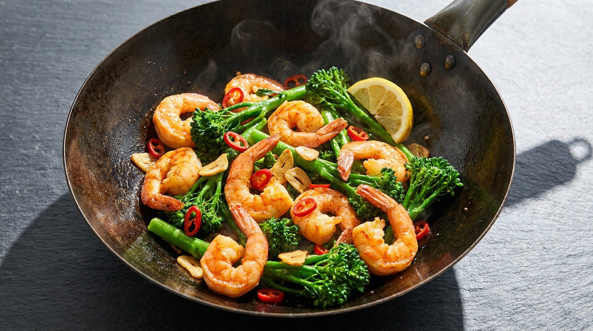 Garlic prawns and broccolini in a wok with sliced chilli and lemon