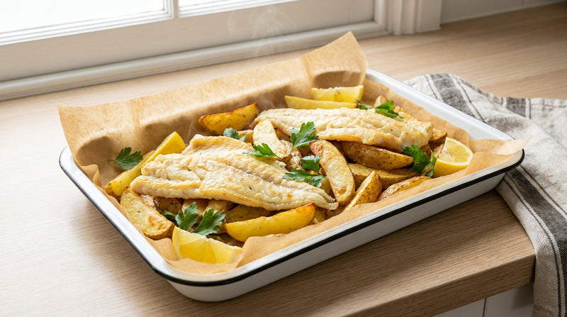 Tray of baked flathead fillets and potato wedges with lemon and parsley