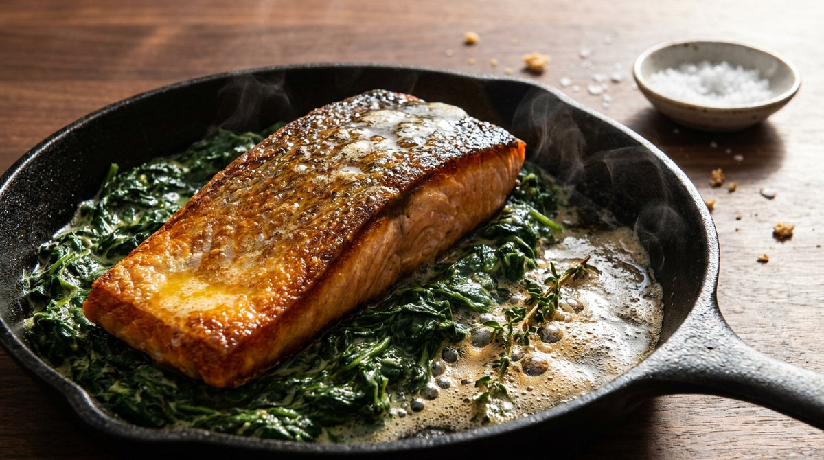 Crisp-skinned salmon fillet resting on creamed spinach in a frying pan