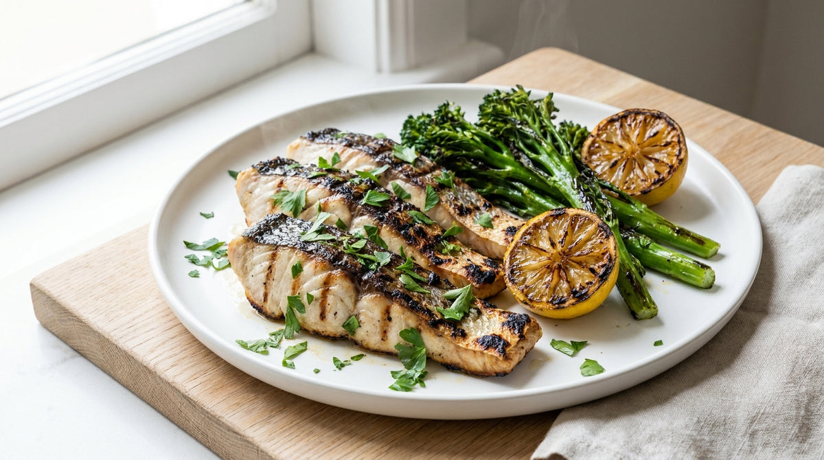 Grilled kingfish fillets on a plate with charred broccolini and lemon wedges