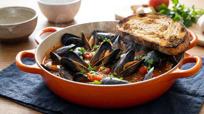 Open black mussels in a pot of tomato and garlic broth with parsley