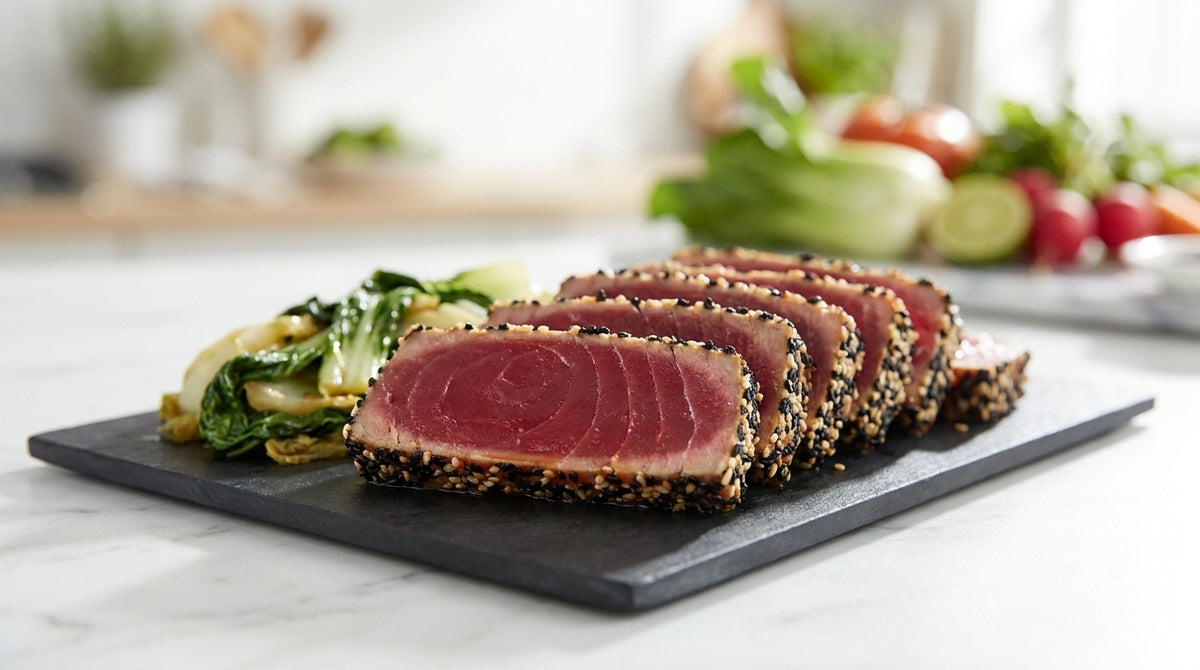 Sliced seared tuna steak with sesame seeds and Asian greens