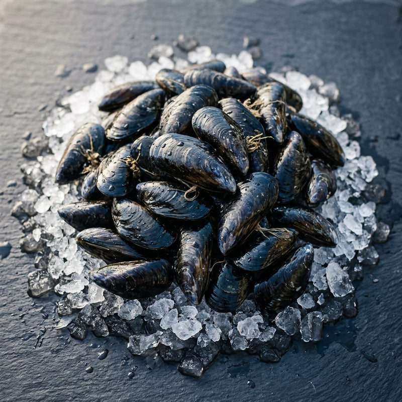 Aussie Black Mussels on crushed ice at Ghan Bros Seafood, Fyshwick
