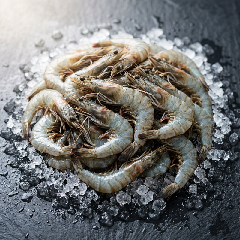 Banana Prawns on crushed ice at Ghan Bros Seafood, Fyshwick
