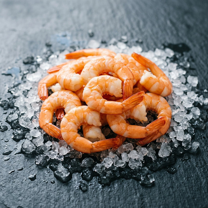 Cooked Prawn Cutlets on crushed ice at Ghan Bros Seafood, Fyshwick