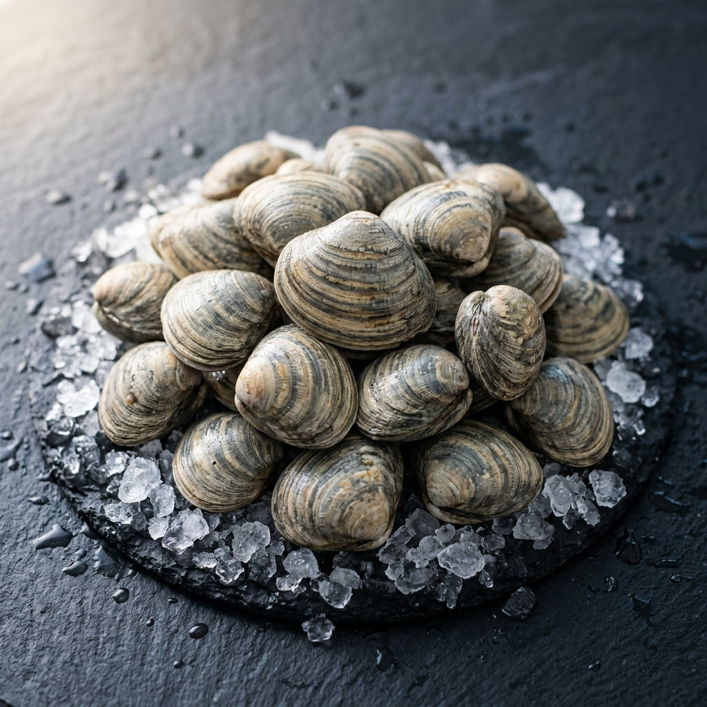 Diamond Shell Clams on crushed ice at Ghan Bros Seafood, Fyshwick