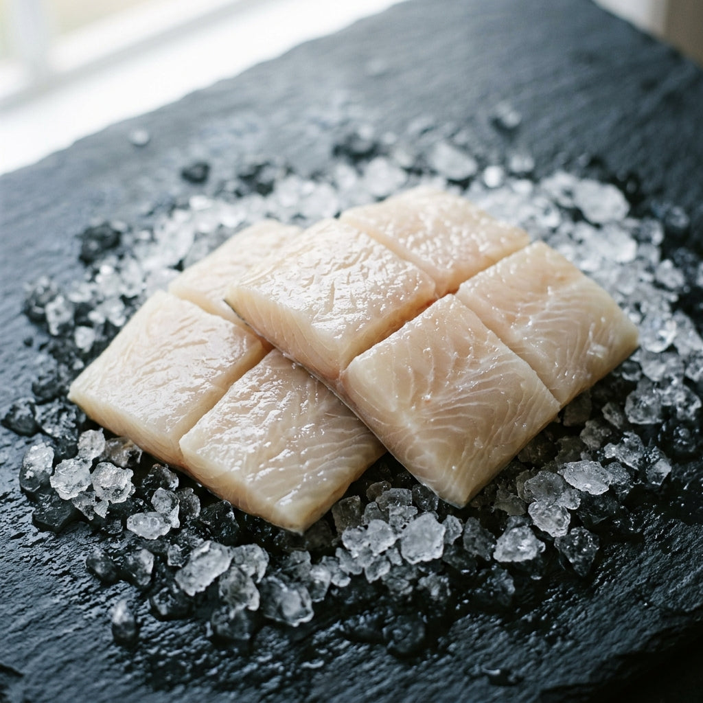 Fresh Flathead Fillets on crushed ice at Ghan Bros Seafood, Fyshwick