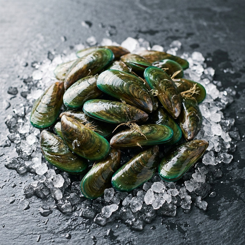 Green NZ Mussels on crushed ice at Ghan Bros Seafood, Fyshwick