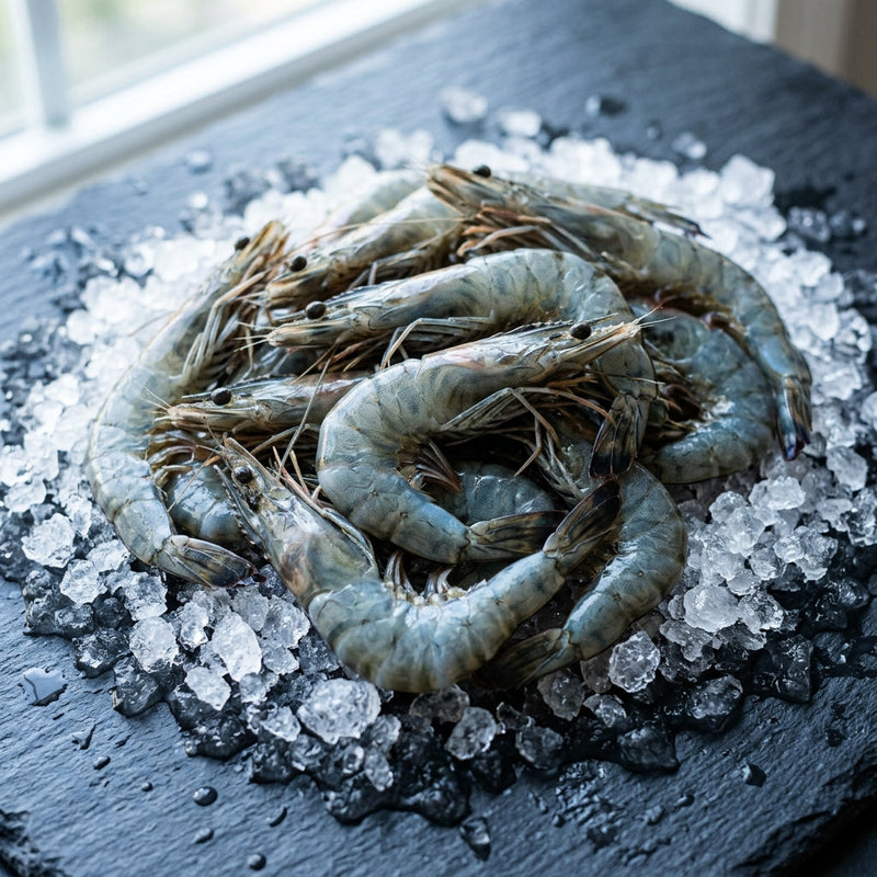 Large Black Tiger Prawns on crushed ice at Ghan Bros Seafood, Fyshwick