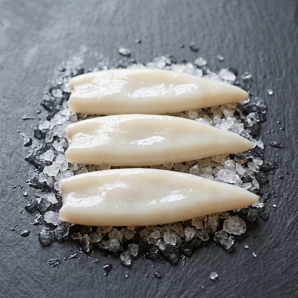 Loligo Calamari on crushed ice at Ghan Bros Seafood, Fyshwick