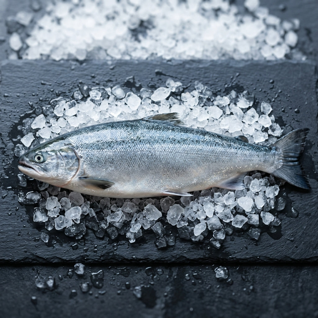 NZ King Salmon on crushed ice at Ghan Bros Seafood, Fyshwick