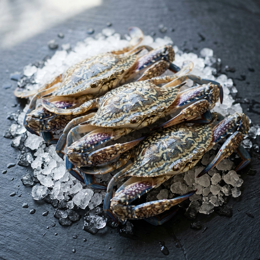 Raw Female Blue Swimmer Crab on crushed ice at Ghan Bros Seafood, Fyshwick