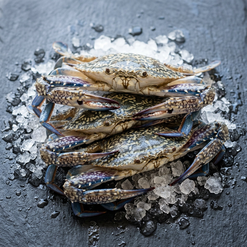 Raw Male Blue Swimmer Crab on crushed ice at Ghan Bros Seafood, Fyshwick