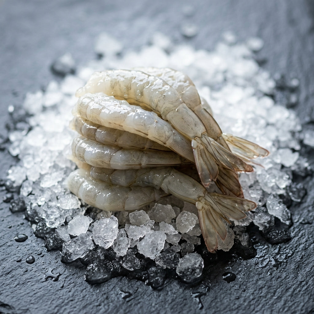 Raw Prawn Cutlets on crushed ice at Ghan Bros Seafood, Fyshwick