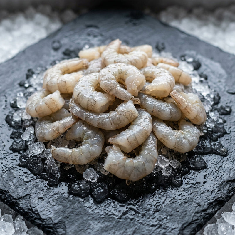 Raw Prawn Meat on crushed ice at Ghan Bros Seafood, Fyshwick