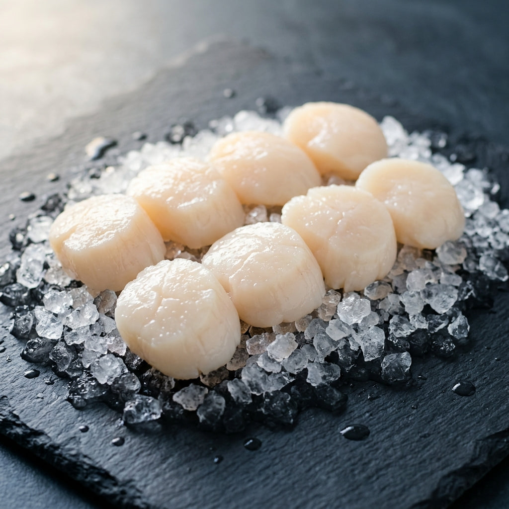 Scallops Roe off on crushed ice at Ghan Bros Seafood, Fyshwick
