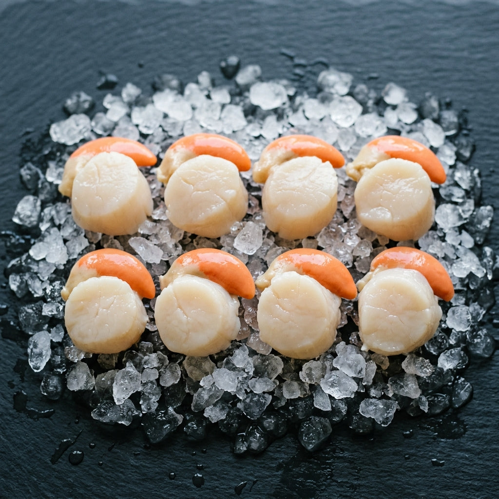 Scallops Roe On on crushed ice at Ghan Bros Seafood, Fyshwick