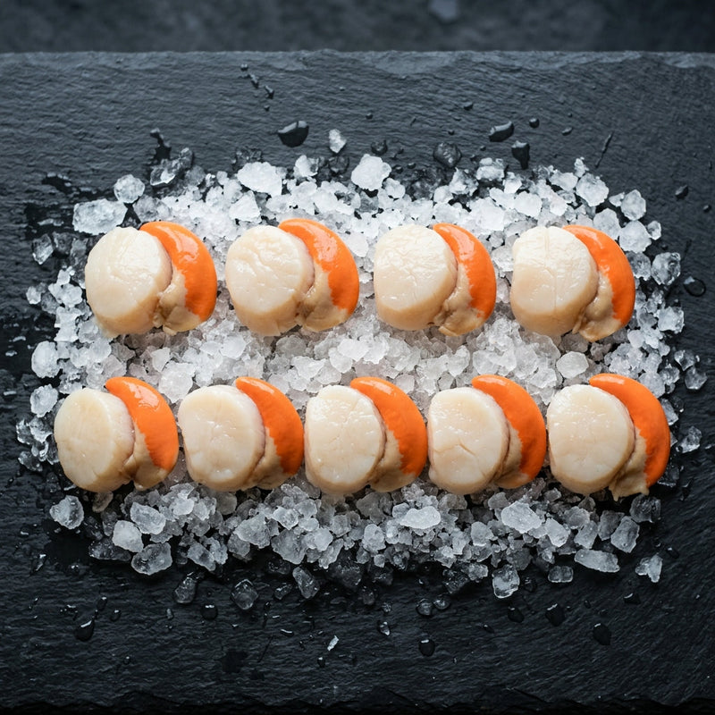 Tassie Scallops Roe On on crushed ice at Ghan Bros Seafood, Fyshwick