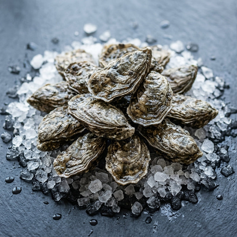 Unshucked Pacific Oysters on crushed ice at Ghan Bros Seafood, Fyshwick