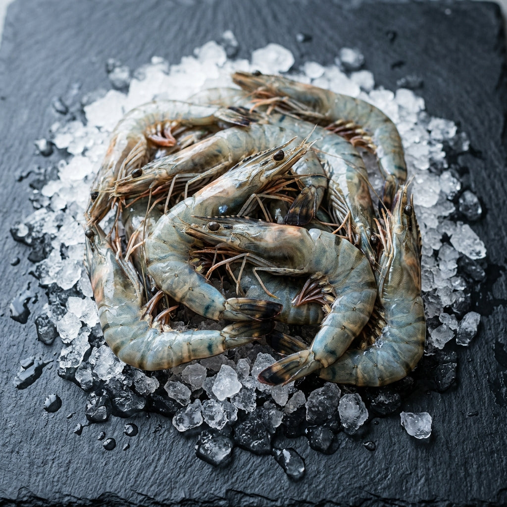XL Black Tiger Prawns on crushed ice at Ghan Bros Seafood, Fyshwick