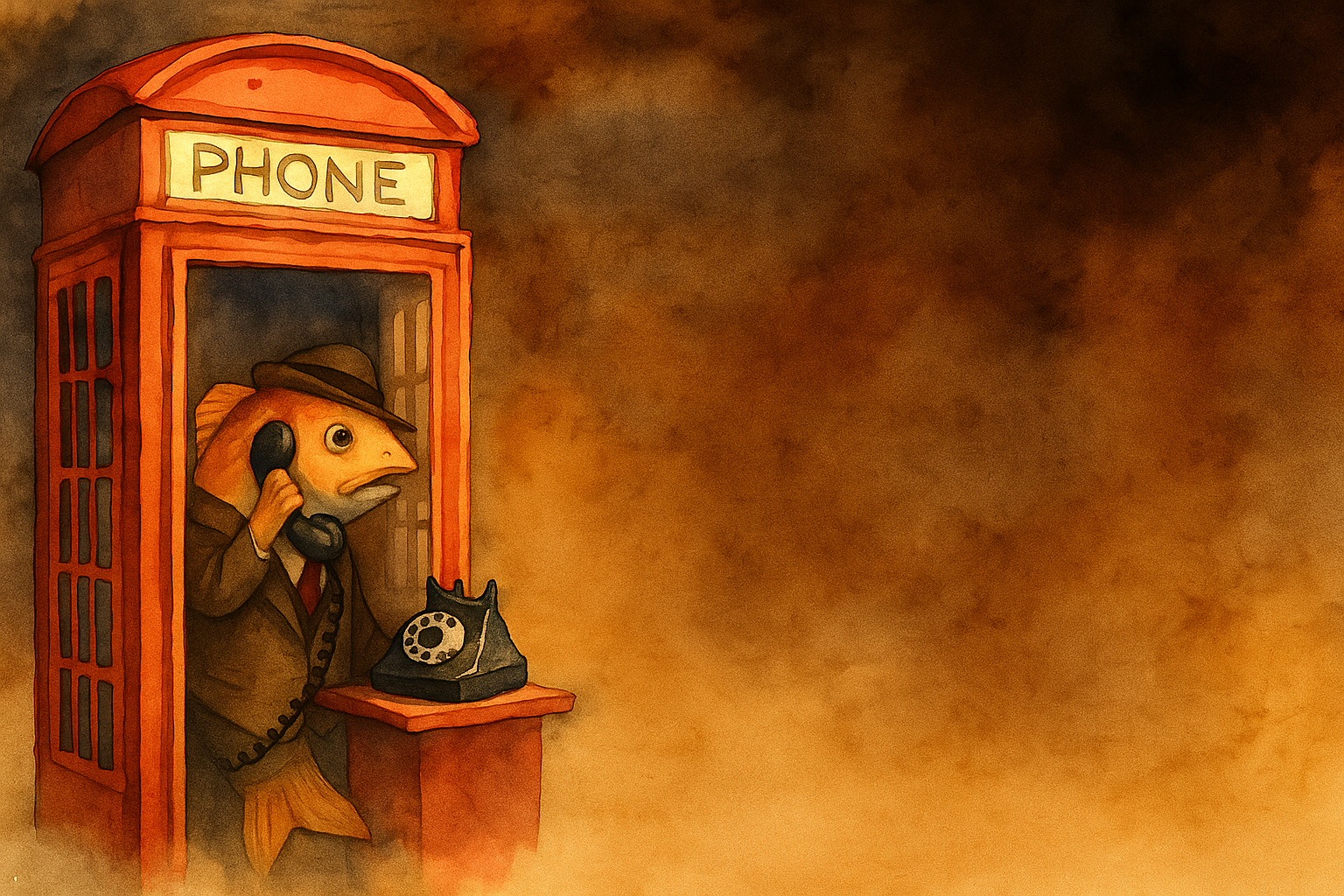 Fish answering phone watercolor art
